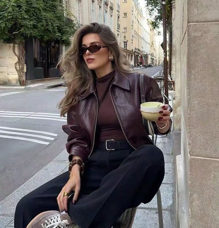 Manneqi Retro American Casual Chic Lapel Zipper Wine Red Leather Jacket Short Coat For Women